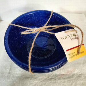 The product is a set of 4 Towle Living blue speckled enamelware bowls, measuring